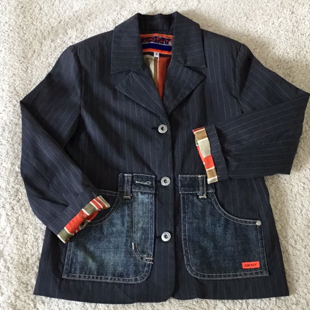 Kids European Brand DKNY Pinstripe Blazer Sports Jacket Light Coat Vintage 6